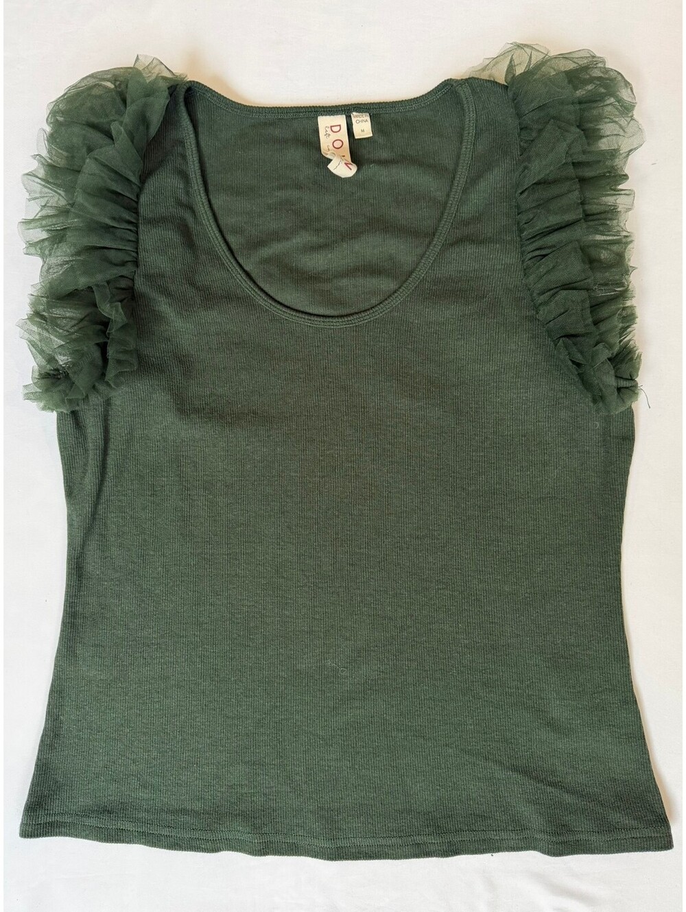 DOLAN Left Coast Size M Green Tulle Ruffle Sleeve Stretch Top Anthropologie
